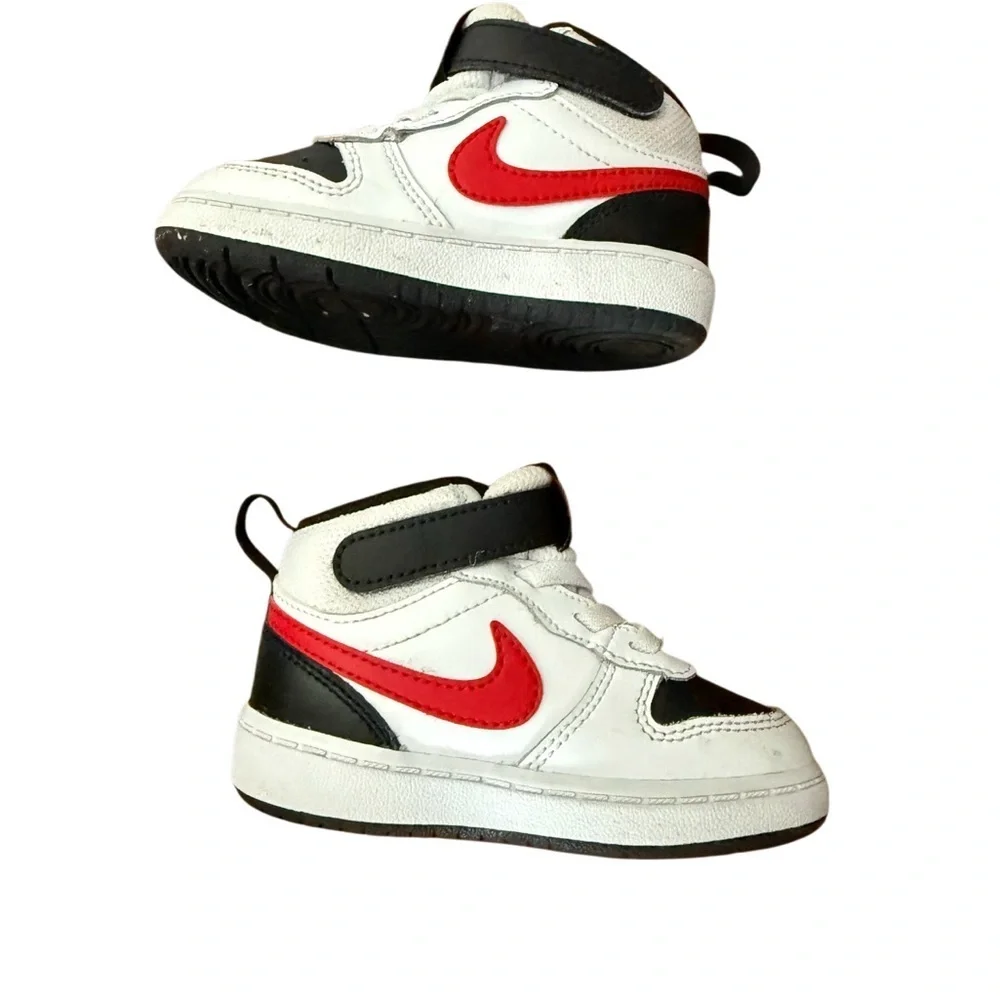 Nike Kids' Court Borough Mid 2 White and Black Sneakers w/ Red Accents-Size 6C
